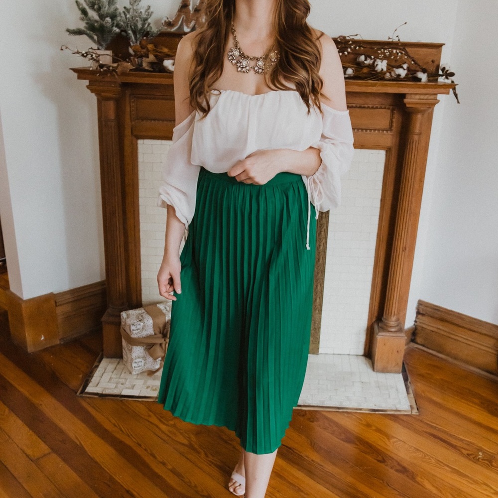 Green Pleated Midi Skirt